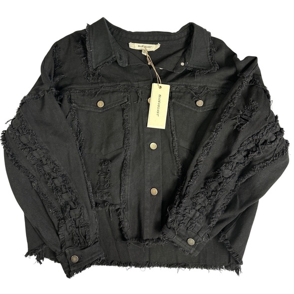Blue Velvet Jackets & Blazers - Blue Velvet Womens Distressed Denim Jacket Black Cut Out Frayed Hem 8959BT M